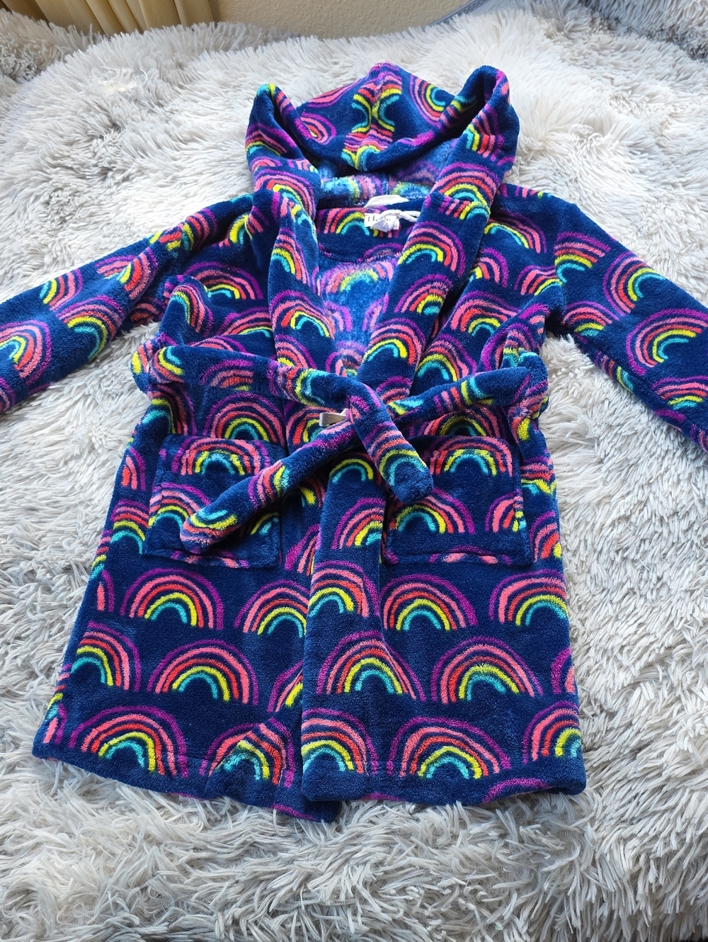 Hatley Navy Plush Hooded Kids Robe with Rainbow Print